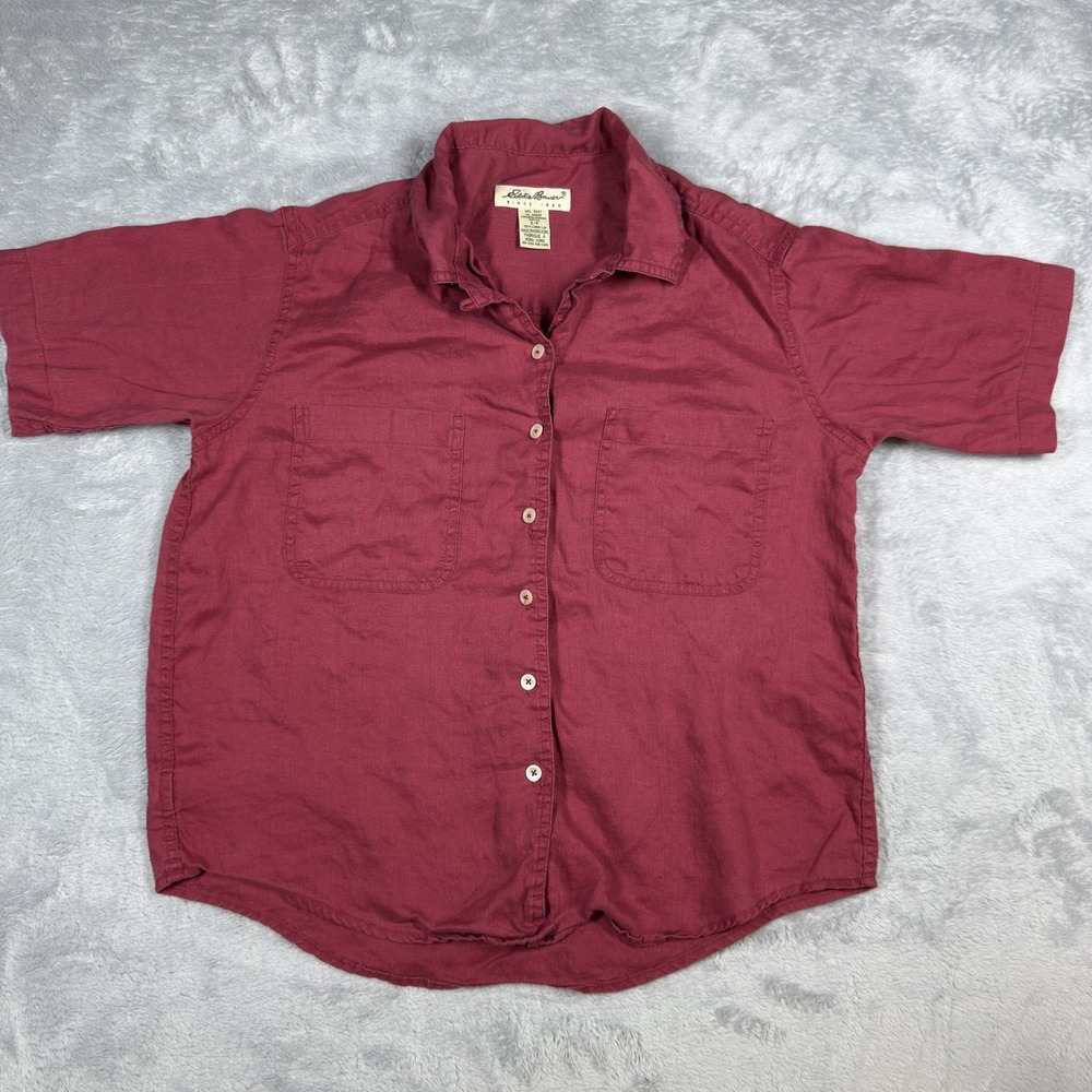 Eddie Bauer Shirt Womens Small Petite Red Linen Short Sleeve Loop Collar FLAW